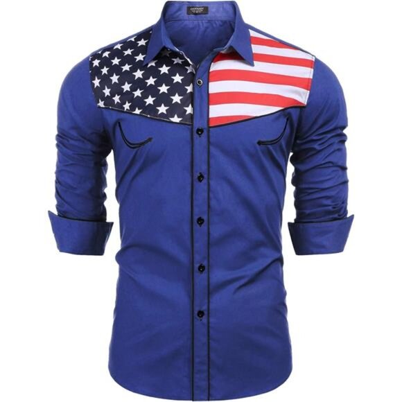 Men's Western American Flag Button Down Shirts Slim Fit Patriotic Long